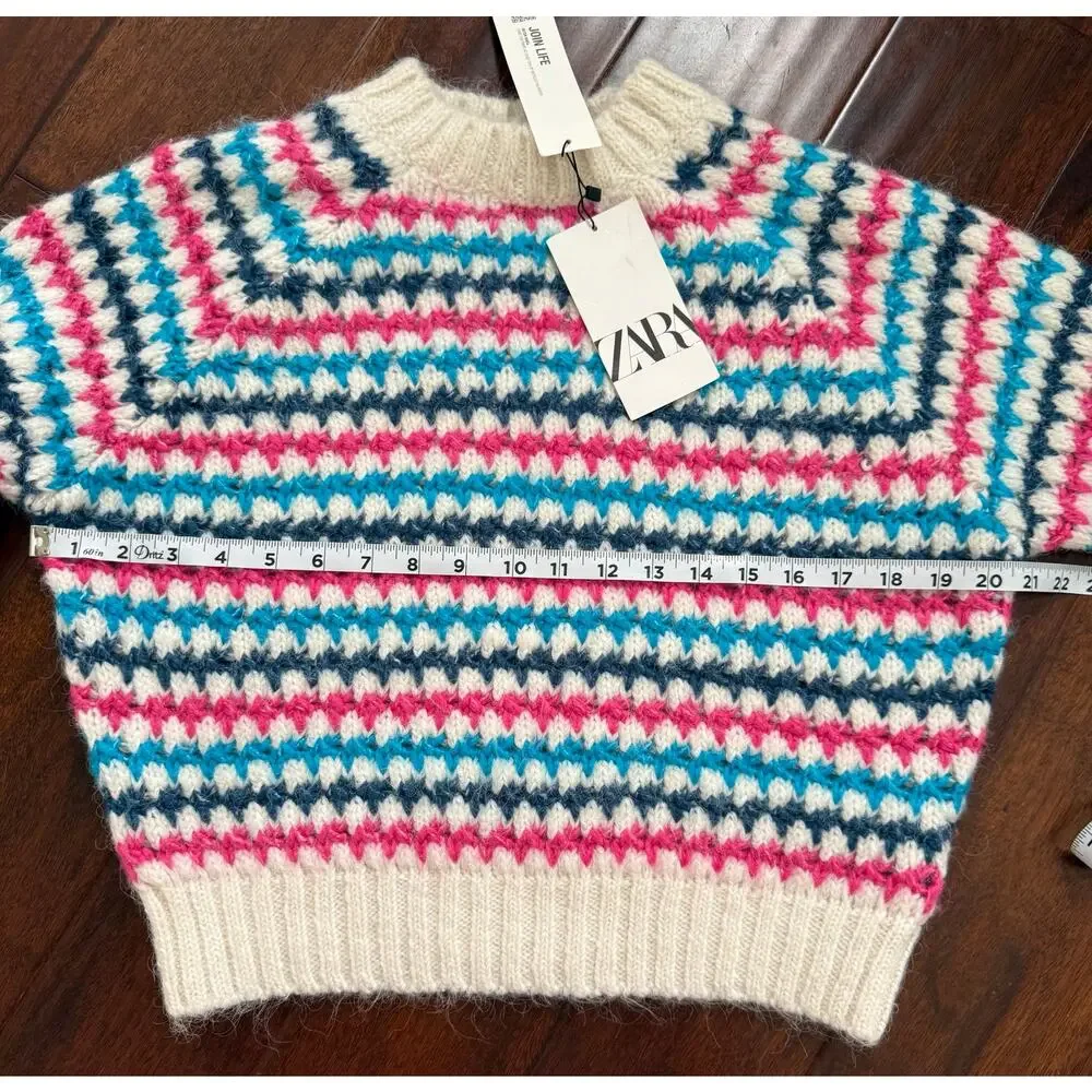 Zara NWT Chunky White Blue Pink Striped Knit Crewneck Pullover Sweater Medium - Picture 15 of 16